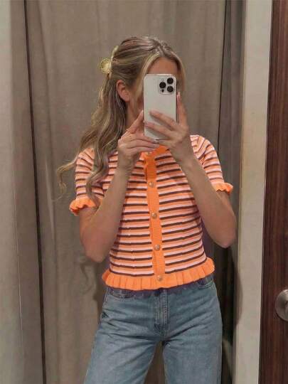 Women's Summer Striped Patchwork Round Neck Metal Button Short Sleeve Knit Top, Cute Retro Casual Ruffle Trim, Suitable For Daily Dates And Photography, Striped Knit Top, Yellow Striped Knit Sweater, Summer Clothing, Multi-Color Striped Knit Sweater