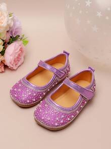 1 par de zapatos planos con diamante de imitación para niñas, zapatos de princesa versátiles y de moda con punta cuadrada y bajo empeine - Púrpura malva - View 4