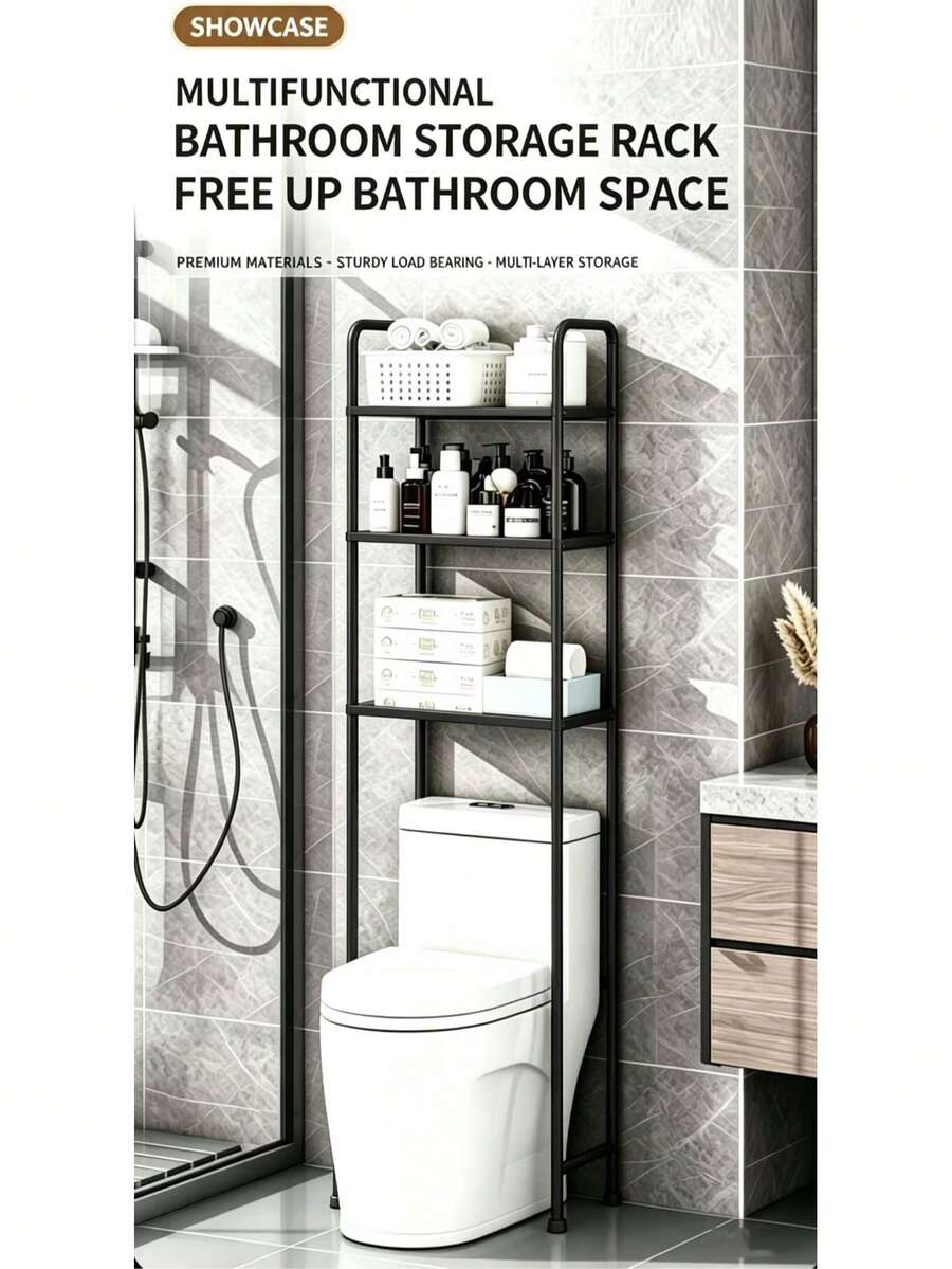 Over-The-Toilet Storage Shelf, Three-Tier Bathroom Storage Rack, Freestanding Bathroom Storage Shelf, Space-Saving, Easy To Assemble, Suitable For Rooms, Black, White - màu đen - Xem 1