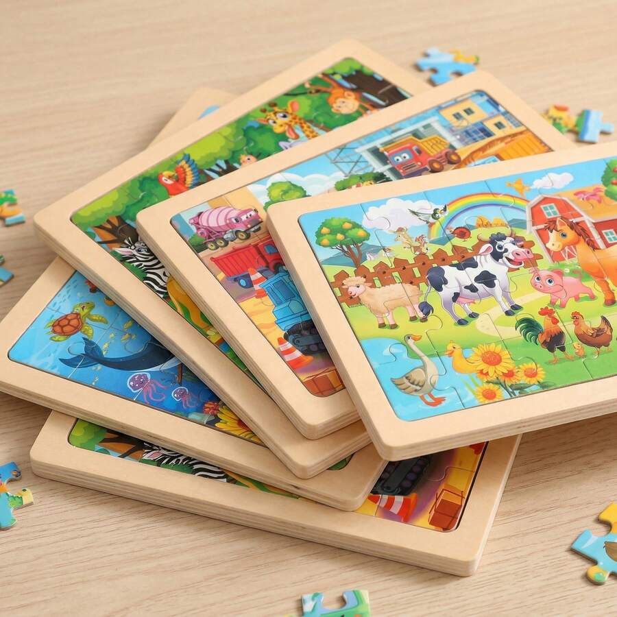 24pcs Wooden Jigsaw Puzzle, Cartoon Animal & Dinosaur Pattern, Early Educational Intelligence Building Blocks Toy, Gift For Children 3+ Years Old - Multicolor - View 1