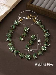 1 Set de Pendientes y Collar Vintage Retro con Estrella y Luna, Conjunto de Joyas de Diseño Único - Verde - Ver 2