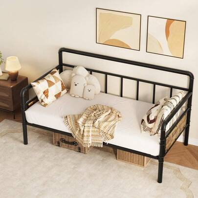 Marco de Cama de Metal Tamaño Doble, Sofá Cama Plataforma, Cama Día con Soportes Resistentes para Sala, Dormitorio y Habitación de Huéspedes, Color Negro y Marrón