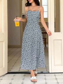 Vestido largo de tirantes para mujer, con estampado floral y diseño fruncido en el pecho. - Azul 2 - Ver 3