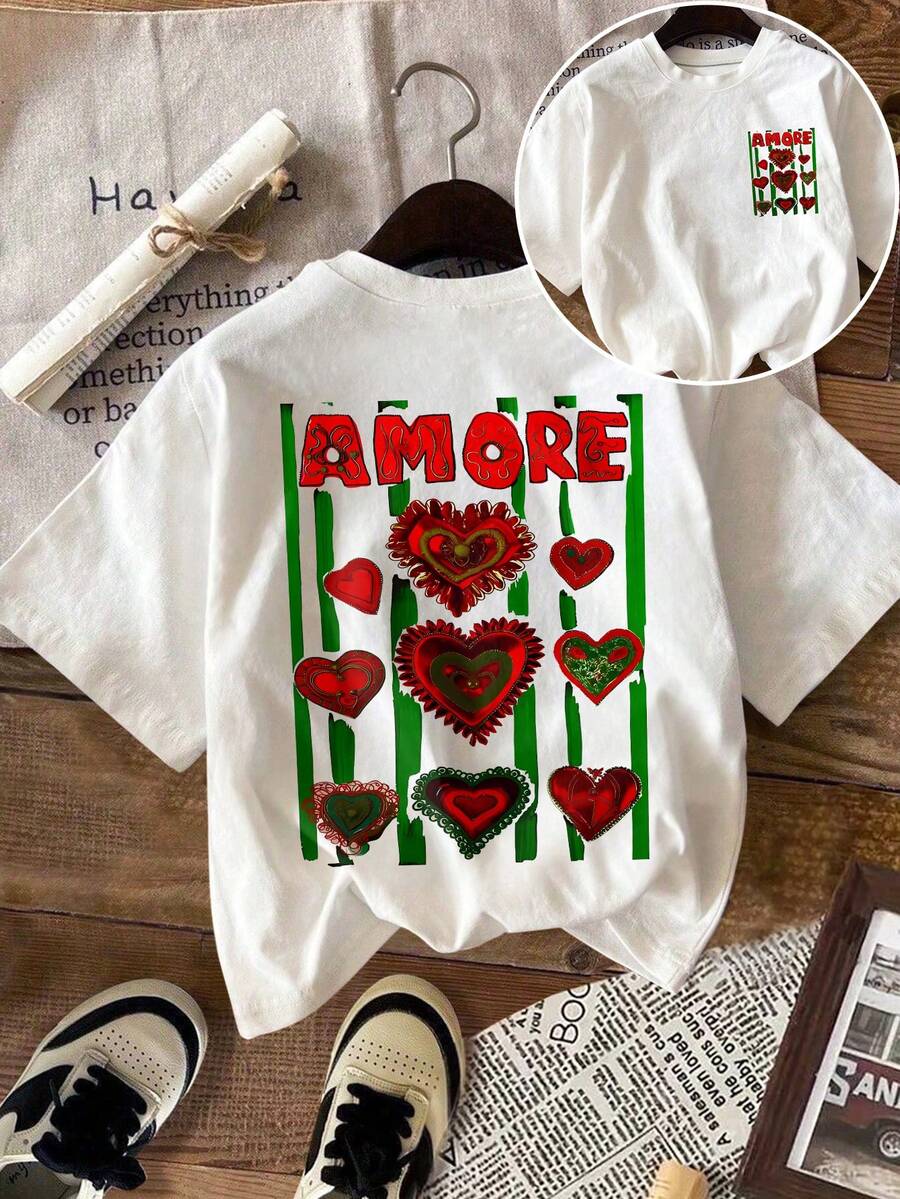 Áo thun nữ tay ngắn cổ tròn in hình trái tim Amore, kiểu dáng thường ngày. - trắng - Xem 1