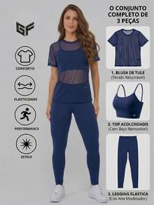 Women's 3-Piece Gym Set | Padded Top + Leggings + Tulle Blouse – Comfort & Elegance, Stylish And Transparency-Free Women's Gym Outfit - 藏蓝色 - 查看 1