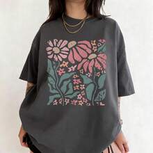 Boho Daisy Flower Tee Shirt  Botanical Tee Boho Tee Wildflower Shirt Plant Shirt Retro Floral T-Shirt Gardener Gifts  Casual Plus Size T-Shirt With Floral Print For Women Round Neck Short Sleeve Knitted Fabric Top - 深灰色 - 查看 2