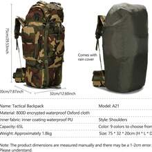 Large 65L Tactical Backpack With Stand And Rain Cover, Large Capacity Camping Backpack With Padded Shoulder Straps - Moss Green - View 5