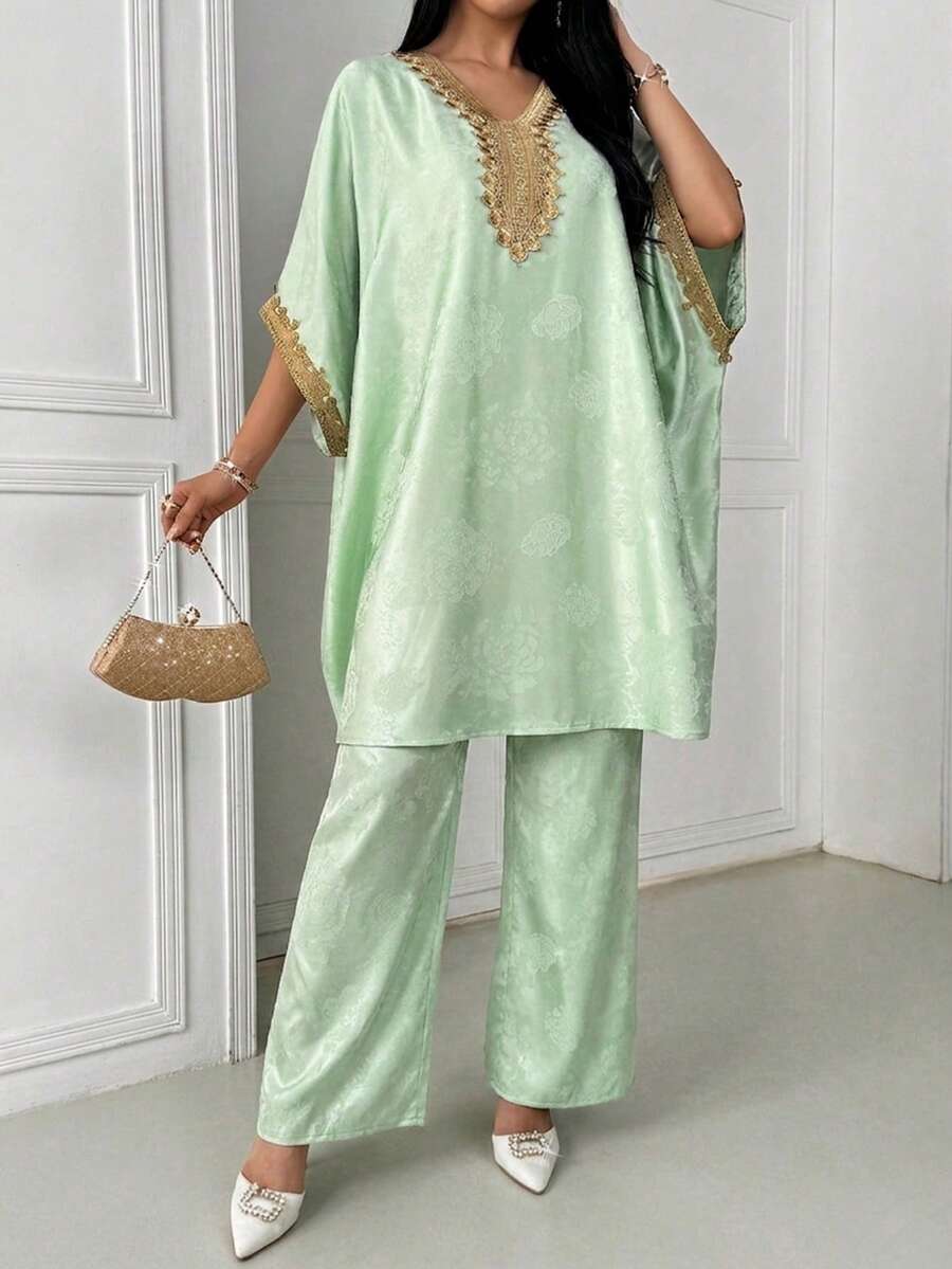 Bộ trang phục kiểu Ả Rập dành cho nữ, gồm áo và quần dệt jacquard. - Màu xanh Bạc hà - Xem 1