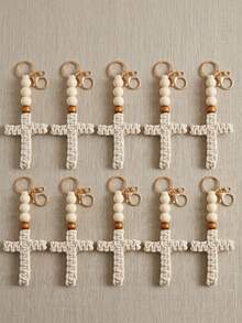 1/2/4pcs Handmade Macrame Cross Keychains With Wooden Beads, Suitable For Women, Ideal As Baptism Guest Gifts, Handcrafted Cross Keychain Gifts, Boho Style Woven Cotton Rope Keychains With Wooden Beads, Christian Baptism Easter Birthday Religious Gifts, Communion Confirmation Party Decor Religious Souvenirs - Multicolor - View 4