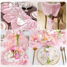 Camino de mesa de gasa de queso rosa, decoración de mesa de tela transparente estilo bohemio, adecuado para decoración de bodas, recepciones de bodas interiores/exteriores, bodas campestres, despedidas de soltera, San Valentín, fiestas de cumpleaños, ceremonias, cenas, meriendas, y otras ocasiones especiales - Rosa - Ver 5