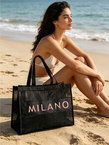 MILANO 印花透明網眼托特包套組，黑色透明網眼海灘包附拉鍊收納袋，大容量透氣旅行收納包，適用於化妝品、盥洗用品和海灘用品，適合海灘旅行、游泳、旅行、健身、購物和日常使用，適合女性、女孩、旅行者和美容愛好者，夏季假期、生日和節日禮物，可用作托特包、海灘包、旅行收納包和化妝包 - 彩色 - 查看 2