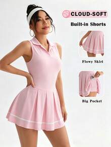 2-In-1 Sports Dress With Pockets, Built-In Anti-Exposure Shorts, Suitable For Fitness, Yoga, Tennis, Running, Daily Commute And Multiple Occasions - Pink - View 2