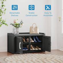 2-Tier Storage Bench, Waterproof UV-Resistant Outdoor Shoe Storage Cabinet With 2 Doors & Adjustable Shelves For Indoor Outdoor Entryway, Hallway, Living Room (Black) - 黑色 - 查看 6