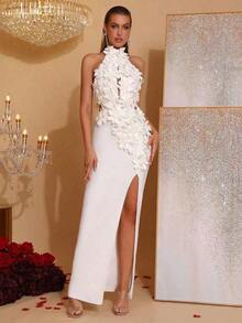 Women's Elegant Black Halter Evening Gown – 3D Floral Applique High Slit Formal Party & Prom Dress - trắng - Xem 8