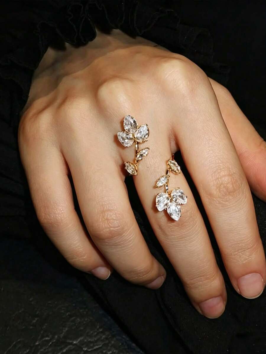 1 Peça Novo Anel Envolvente de Folha Estilo Ins, Joia de Moda de Luxo Minimalista Única com Strass - Dourado - Visão 1