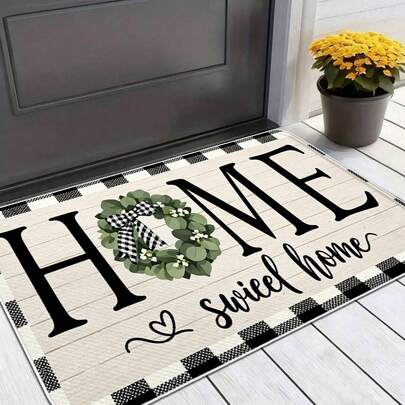 1 件米色“HOME Sweet Home”门垫，黑白格纹边框，绿色花环（白色花朵，黑色蝴蝶结），适用于门廊入口 - 装饰地垫，适合室内外使用