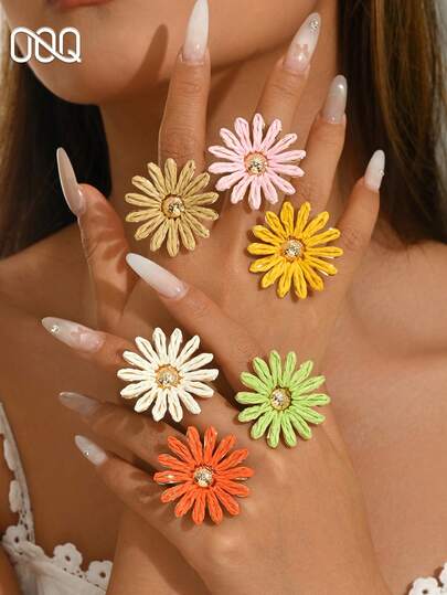 OOQ 1pc Minimalist Floral Metal Open Ring, Fresh Sweet Elegant Raffia Adjustable Size Ring, Suitable For Bridesmaids, Music Festivals, Any Occasion Gifts