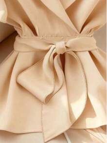 Elegant V-Neck Solid Color Flutter Sleeve Cinched Waist Blouse With Detachable Sash Summer - Apricot - View 2
