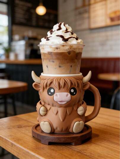 Highland Cow Ice Cream Pint Holder With Hoof Slots To Hold Your Spoon, Includes 2 Spoons, Leak-Proof Popsicle, 3d Printed Ferdinand The Cow Ice Cream Pint Container With Space For 2 Spoons, Ice Cream & Beer Can Sleeve With Handle, For Highland Cow Lovers Gifts, Gift For Easter, Mother'S Day, Independence Day, Wedding Season, Graduation Season