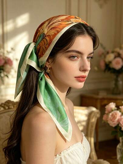 1件装时尚油画印花头巾，轻盈颈巾，女士发饰