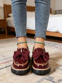 New Arrival Wine Red Bow Decor Patent Leather Platform Loafers, Vintage Preppy Non Slip Chunky Sole Daily Work Shoes For Ladies - 酒紅色 - 查看 2