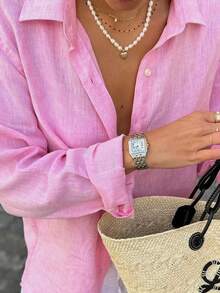 Blusa de lino rosa verano Look Polly, blusa holgada de manga larga con un solo botonadura, top versátil casual para playa y vacaciones de primavera - Rosa - Ver 4