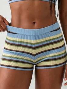 Womens Contrast Striped Knit Shorts Elastic Waist Ribbed Mini Shorts Casual Loungewear For Summer - 彩色 - View 5