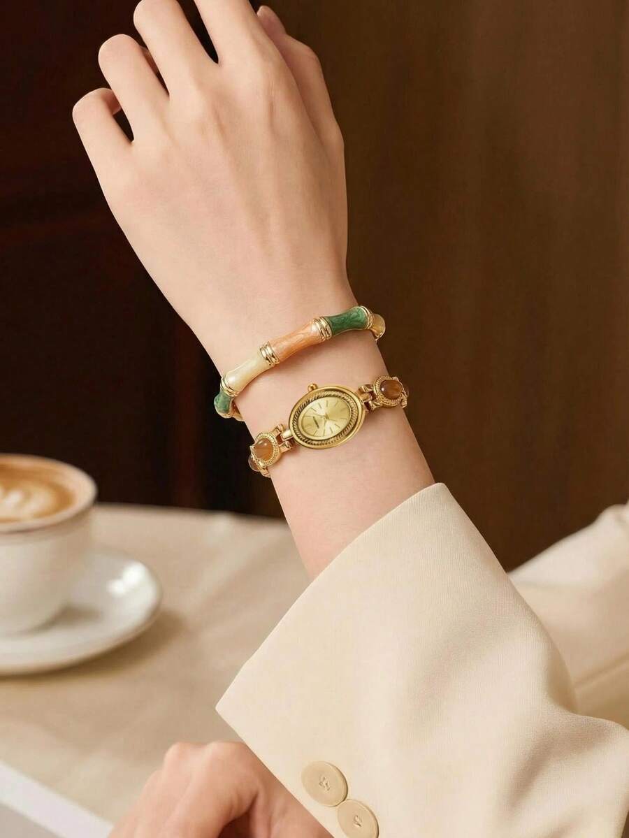 2pcs Women Bamboo Bracelet And Minimalist Elegant Casual Luxury Quartz Watch Set, Suitable For Daily Wear - one-size - View 1