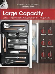 1pc Expandable Kitchen Drawer Cutlery Organizer Box, Adjustable Utensil Storage Tray, Multi-Function Knife Fork Spoon Holder, Black Medium Size - Multicolor - View 5