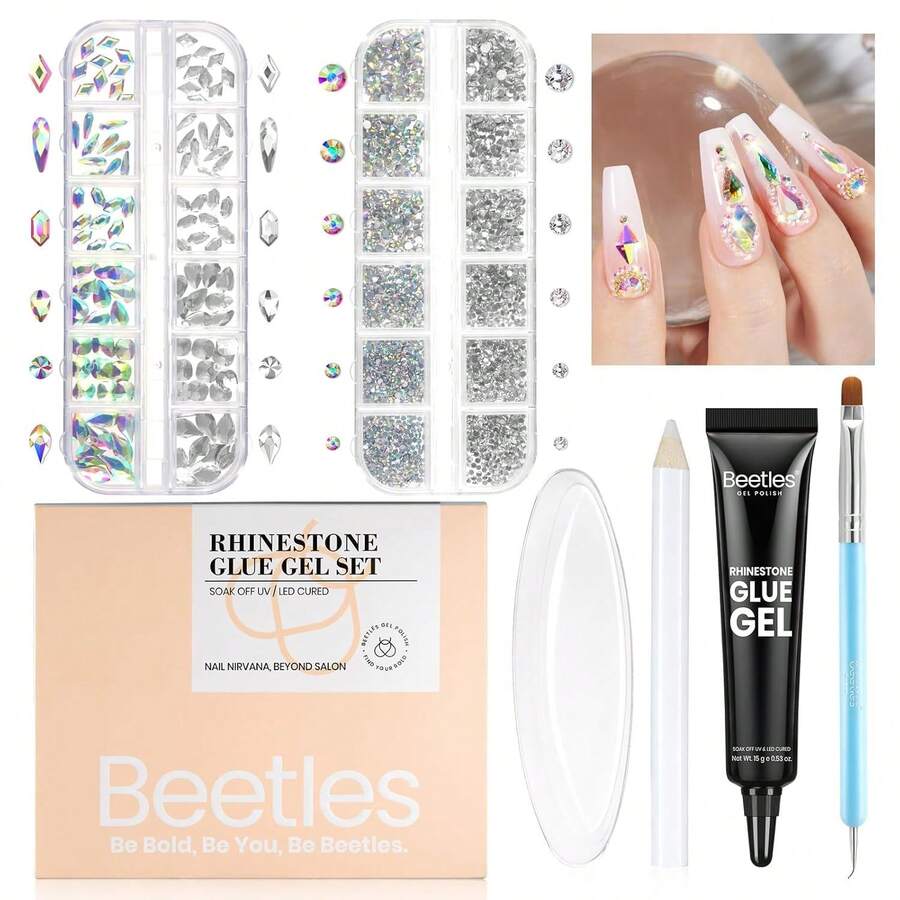 15ML Nail Rhinestone Glue Set Beetles, Gel Nail Glue With 120+2000Pcs AB Crystal Rhinestones, Double-Ended Cleaning Brush, Long Lasting Nail Art Adhesive, DIY Nail Decoration Accessories, Beauty Gifts For Girls & Women - Nail Art Glue & Rhinestones Set - 查看 1