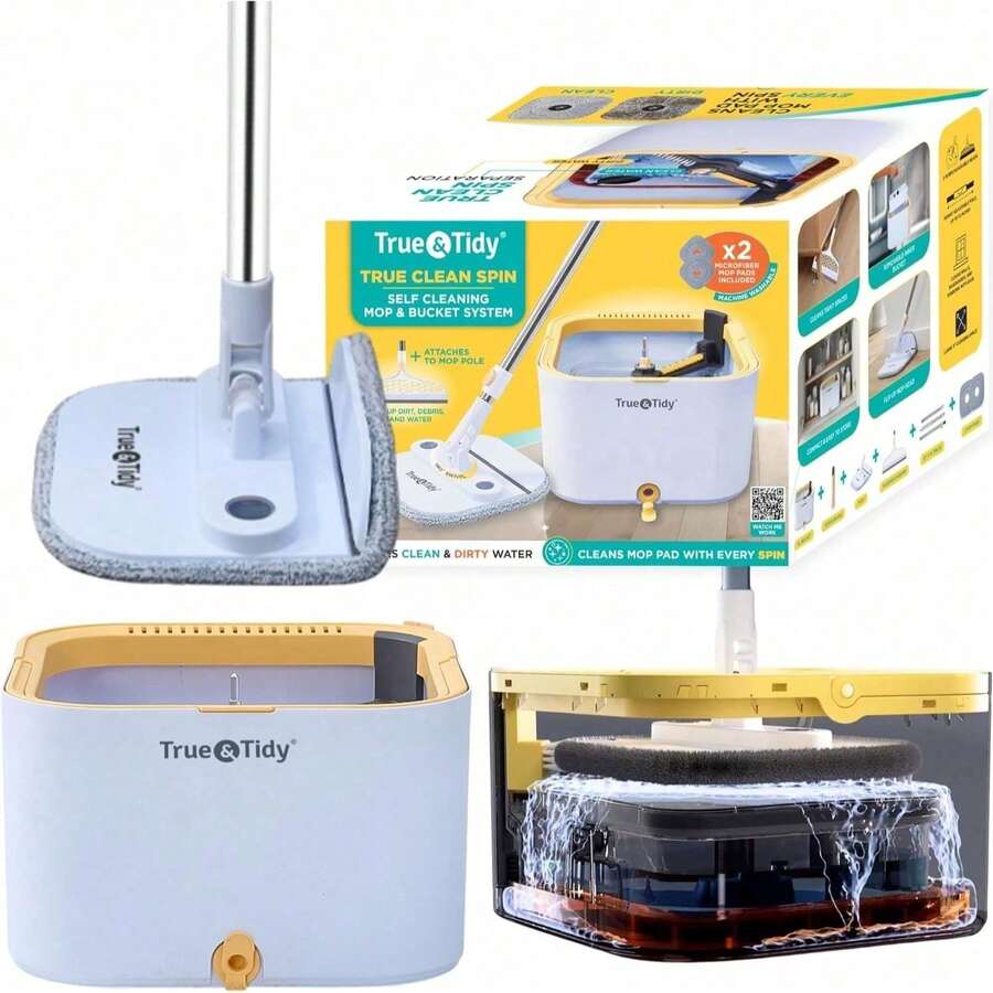 TrueClean Spin Mop 2.0 W/Detachable Inner Bucket, Self Standing, Separates Clean And Dirty Water, Foldable Square Mop Head, Trip - A - 查看 1