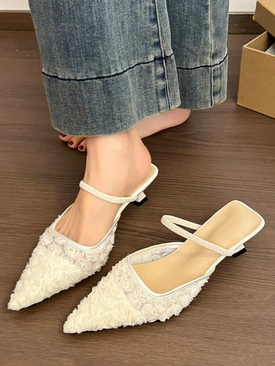Giày cao gót mũi nhọn thời trang nữ, giày họa tiết hoa, quai ngang mắt cá chân, thanh lịch, giày bít mũi cao gót, sandal. - Màu be - Xem 1