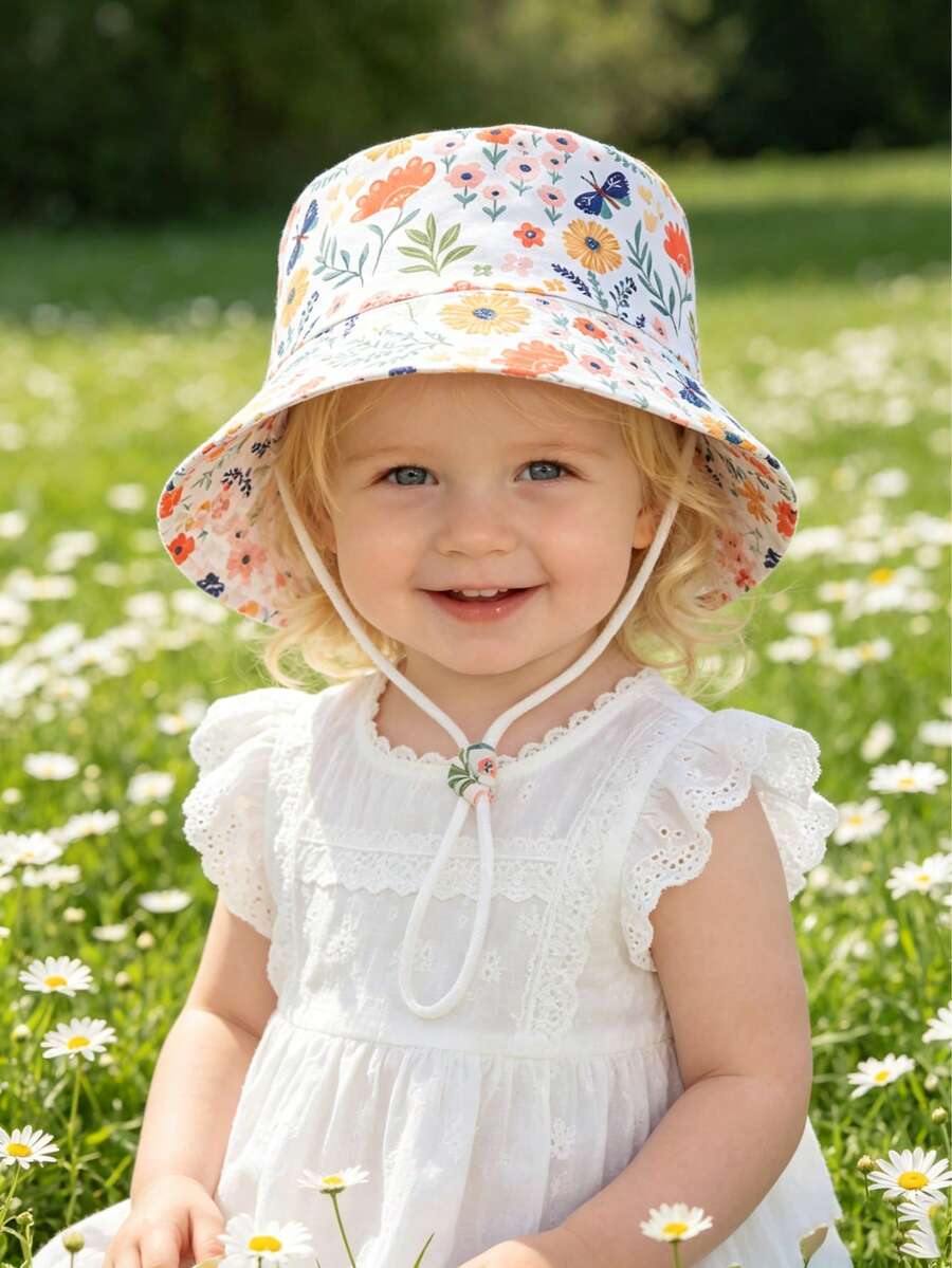 1顶卡通碎花白色遮阳帽,适合幼儿男童,春、夏、秋季户外防晒 - 白色 - 查看 1