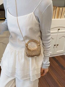 奢华水晶亚克力晚宴包，迷你手拿包，时尚明星正式场合手提包，高端水钻斜挎小包，口红零钱包，新月形包 - 金色 - 查看 3