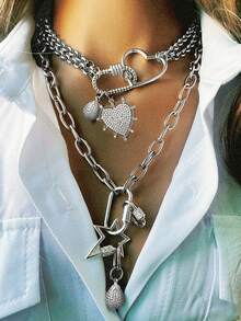 1Pc Women's Necklace With Diamond Heart, Star And Teardrop Pendants & Assorted Clasps. Exquisite Stylish Accessory Favored By Ladies. - Multicolor - View 4