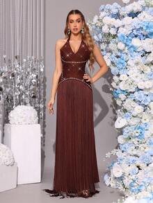 Modphy 新款奢华水钻铆钉装饰绷带长裙，性感露肩露背无袖修身鱼尾长裙，优雅女士婚礼、派对、正式场合礼服 - 棕色 - 查看 4