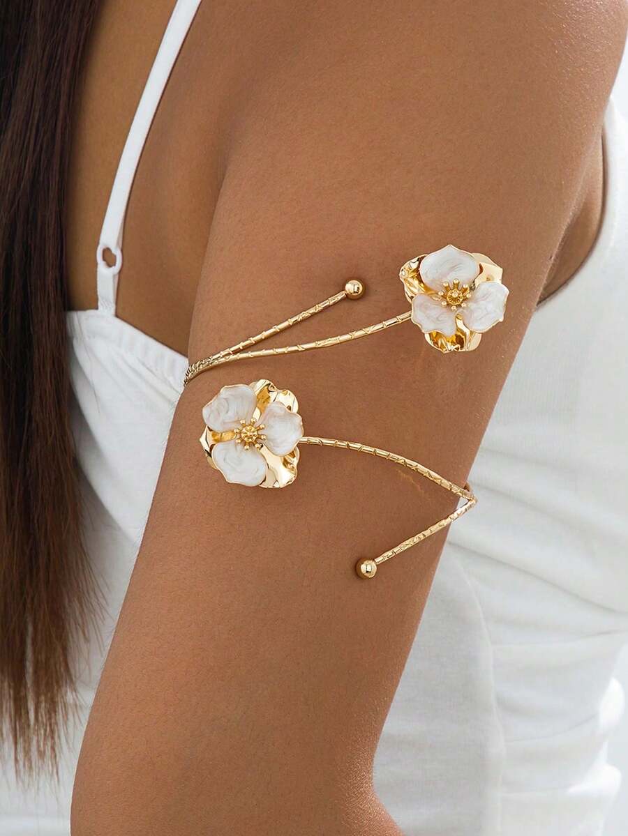1pc Summer Sexy Vacation Style Handmade Drip Oil White Flower Shaped Double-Layer Line Design Arm Bracelet For Women - White - View 1