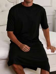 Men's Lightweight Solid Black Short Sleeve Sleepwear Jumpsuit, Spring/Summer - Black - View 1