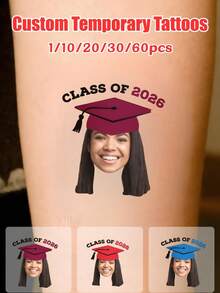 10/20/30/60pcs Temporary Tattoos, Customized Face Tattoos, Graduation Tattoos, Graduation Party Favors, Graduation Party, Customized Photo Tattoos, Graduation Temporary Tattoos, Class Of 2026, Valentine's Day Gift, Couple Photos, Christmas Gift, Home Decor, Decorations, Personalized Gift, Custom Gift - Multicolor - View 2