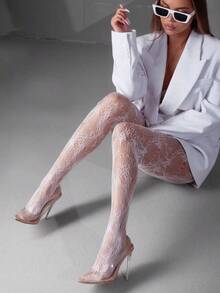 1 par de medias transparentes de red sexy negras para mujer, medias de encaje para verano, para vestido, para regalo de Navidad. - Blanco - Ver 1