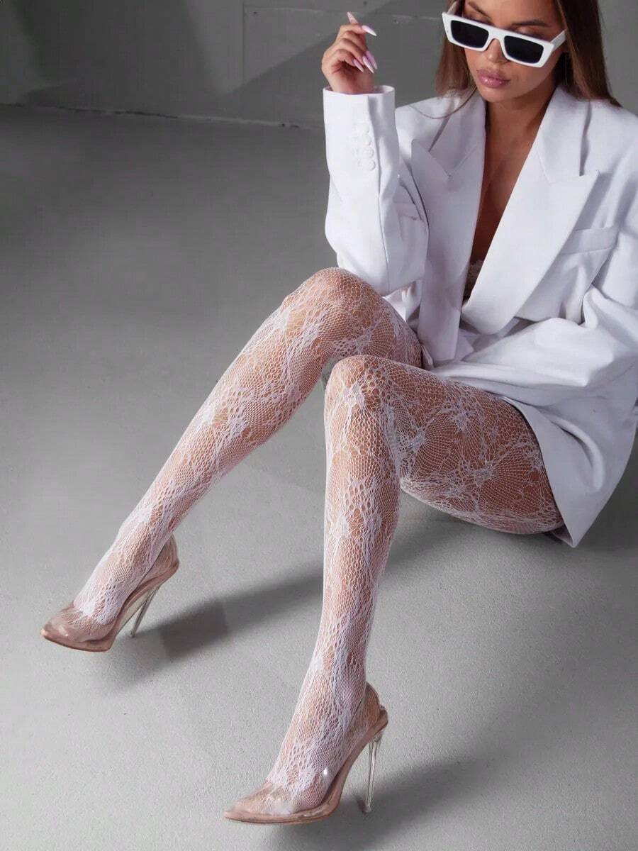 1 par de medias transparentes de red sexy negras para mujer, medias de encaje para verano, para vestido, para regalo de Navidad. - Blanco - Ver 1