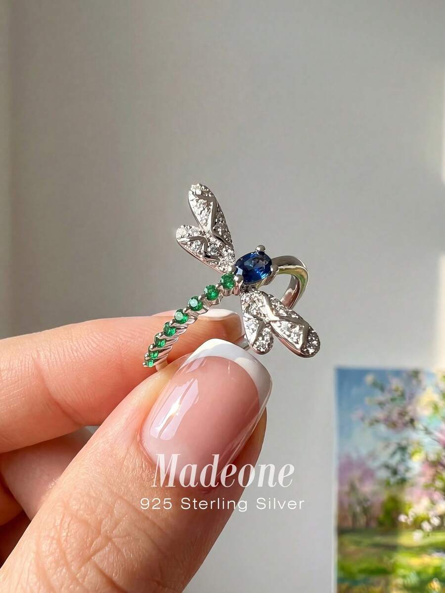 MADEONE 1枚优雅蜻蜓戒指，镶嵌彩色锆石，925纯银材质，女士饰品，适合日常佩戴、舞会和派对等场合。 - 蜻蜓 - 查看 1