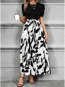 Women's Printed Maxi Dress Short Puff Sleeve Crew Neck Tie Waist Casual Long Dress For Daily Wear Party - 白色 - 查看 2