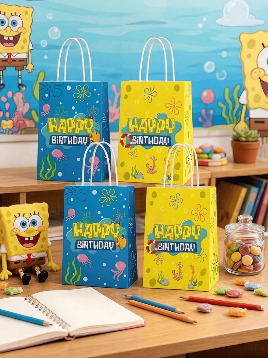 SpongeBob SquarePants 12个方形创意礼品袋，牛皮纸手提袋，颜色和款式随机，迷你便携购物袋。这些礼品袋由牛皮纸制成，适用于派对礼品、自封一次性礼品盒、派对惊喜糖果袋、派对装饰礼品袋。 - A - 查看 1