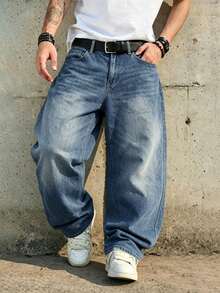 1 chiếc quần jeans nam ống rộng dáng suông kiểu vintage, không co giãn, phù hợp cho cả mặc thường ngày và đi làm. - Màu xanh lam - Xem 3