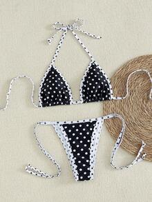 Women's Leopard Print Patchwork Tankini Top And Bottom Casual Swimwear Set, Summer Vacation Beach - Black and White Dot 1 - View 4