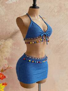 Women's 2-Piece Summer Set: Rope, Starfish & Shell Pendant Decor Cropped Tank Top And Mini Skirt - Blue - View 3