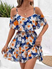 Vestido corto elegante de cuello en V con tirantes y hombros al descubierto para mujer, estampado floral, mangas con volantes dobles, cintura elástica y falda con volantes.Ideal para primavera-verano, vacaciones, fiestas y Pascua. - Multicolor 5 - Ver 7