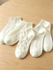 5 Pairs Women's Off-White Cable Knit Patterned Socks, Soft Girl Style Ankle Socks, Versatile Daily Wear Essentials - Multicolor - View 4