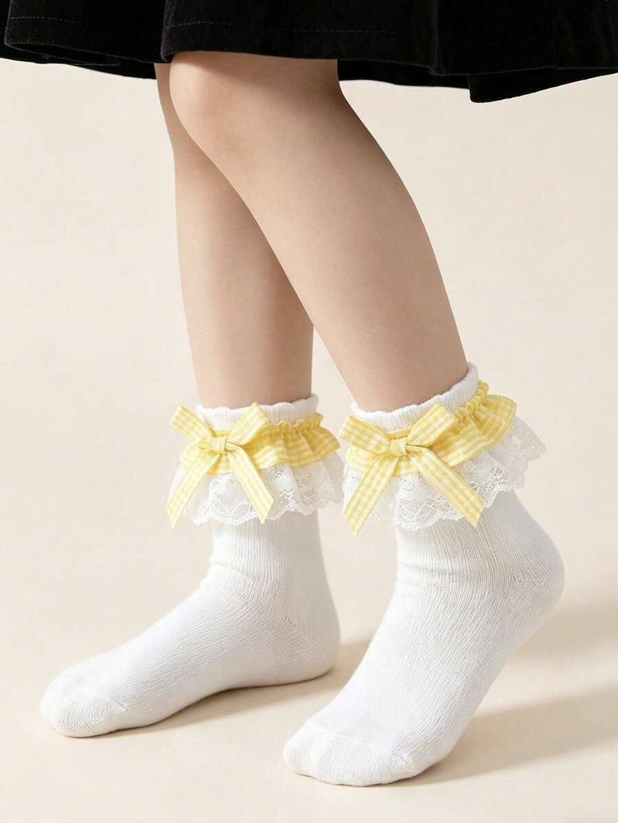 1 Pasang Kaos Kaki Pendek Anak-anak Katun Warna Gradien dengan Hiasan Renda Gaya Putri Elegan Motif Bunga untuk Menari, Musim Semi/Panas